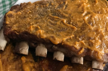 ribs rubbed with brown sugar mustard and BBQ