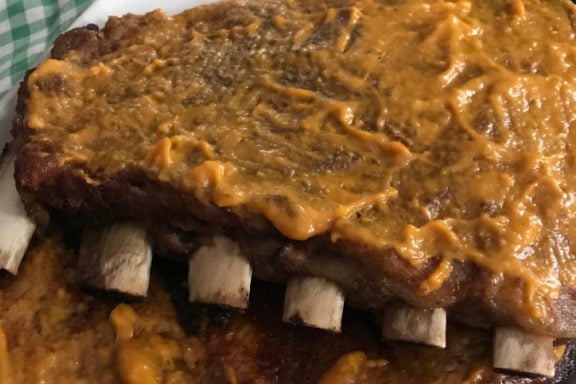 ribs rubbed with brown sugar mustard and BBQ