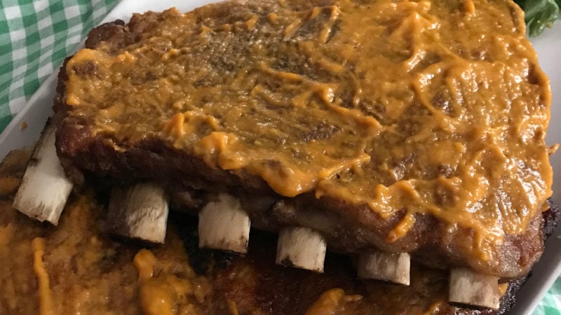 ribs rubbed with brown sugar mustard and BBQ