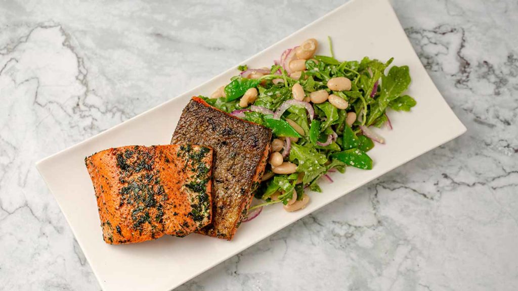 pan seared salmon with snow peas white beans