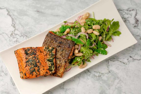 pan seared salmon with snow peas white beans