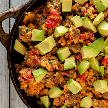 avacado and sausage with eggs