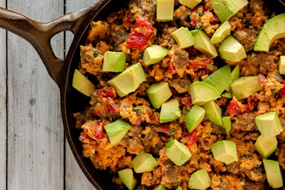 avacado and sausage with eggs