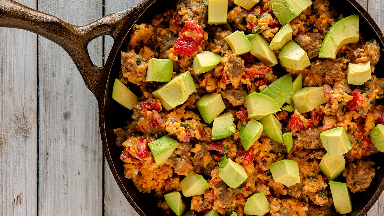 avacado and sausage with eggs