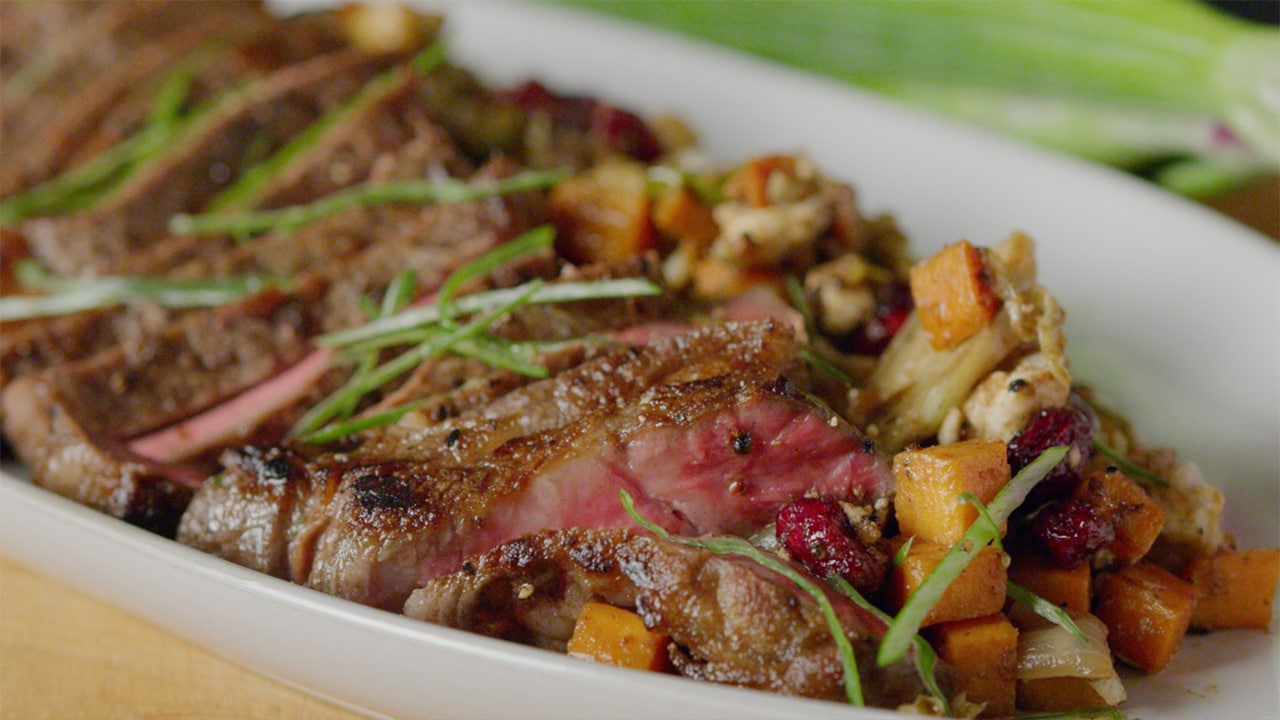 ribeye steak with sweet potato hash