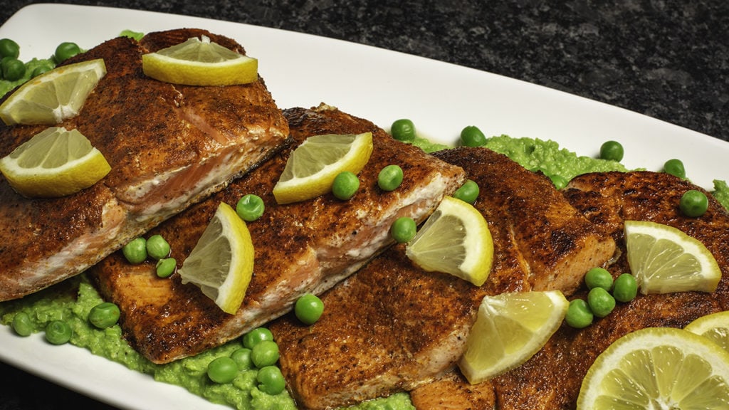 cumin salmon with pea pesto