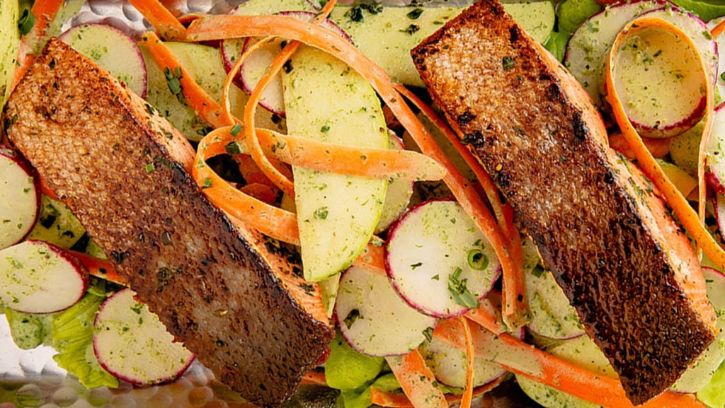 seared salmon with green goddess and radish