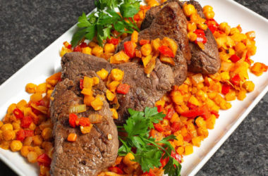 top sirloin steaks with cumin peppers and chickpeas