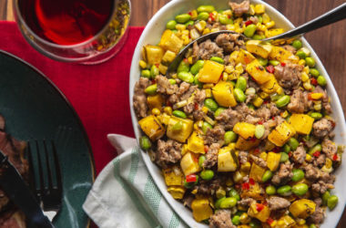 italian sausage succotash on a serving plate