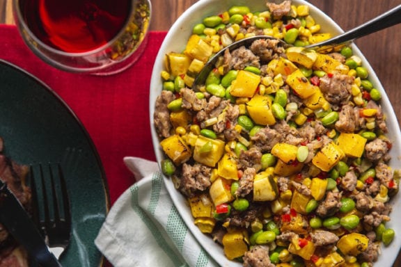 italian sausage succotash on a serving plate