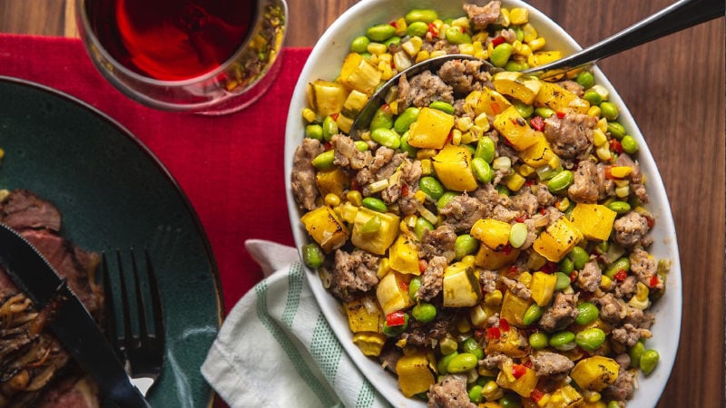 italian sausage succotash on a serving plate