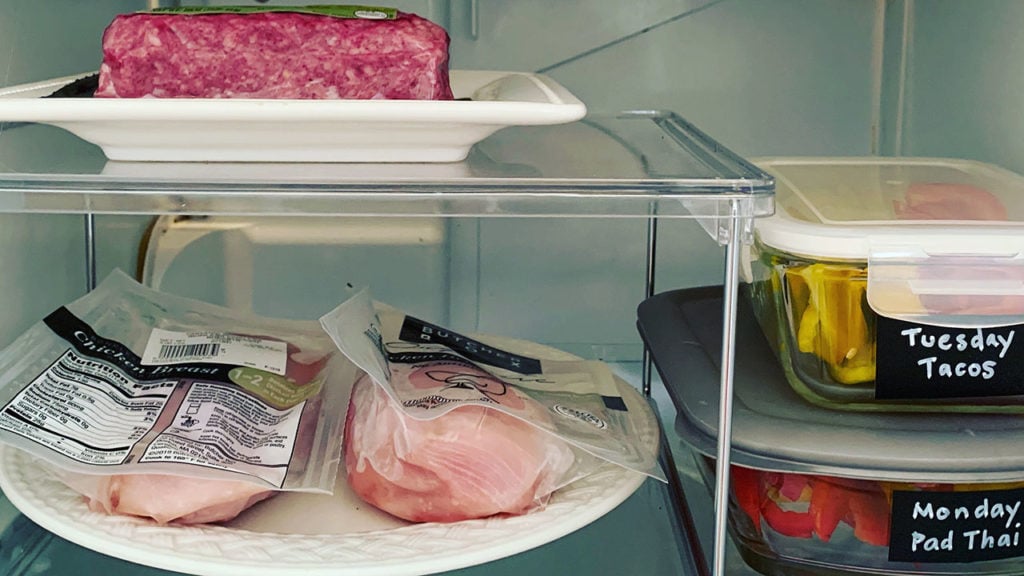 butcherbox grass-fed beef and chicken defrosting.