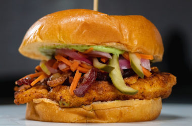 fried chicken sandwich with pickled slaw and avocado mayonnaise
