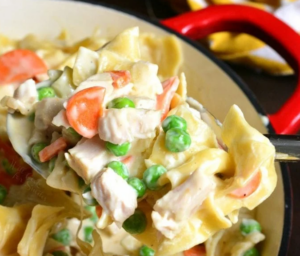 a dutch oven of turkey pot pie style noodles