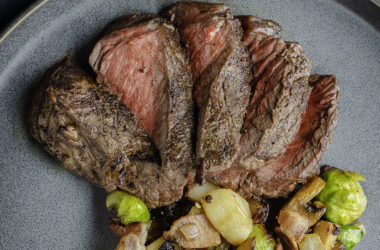 top sirloin steak with bacon and brussels sprout hash