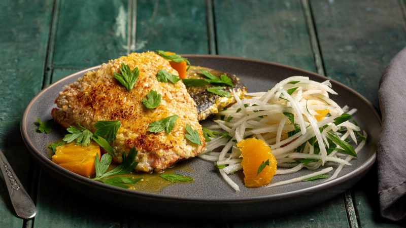 sesame crusted salmon and miso side