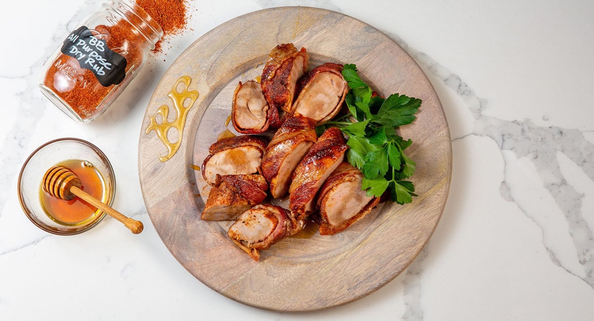 bacon wrapped pork tenderloin with honey