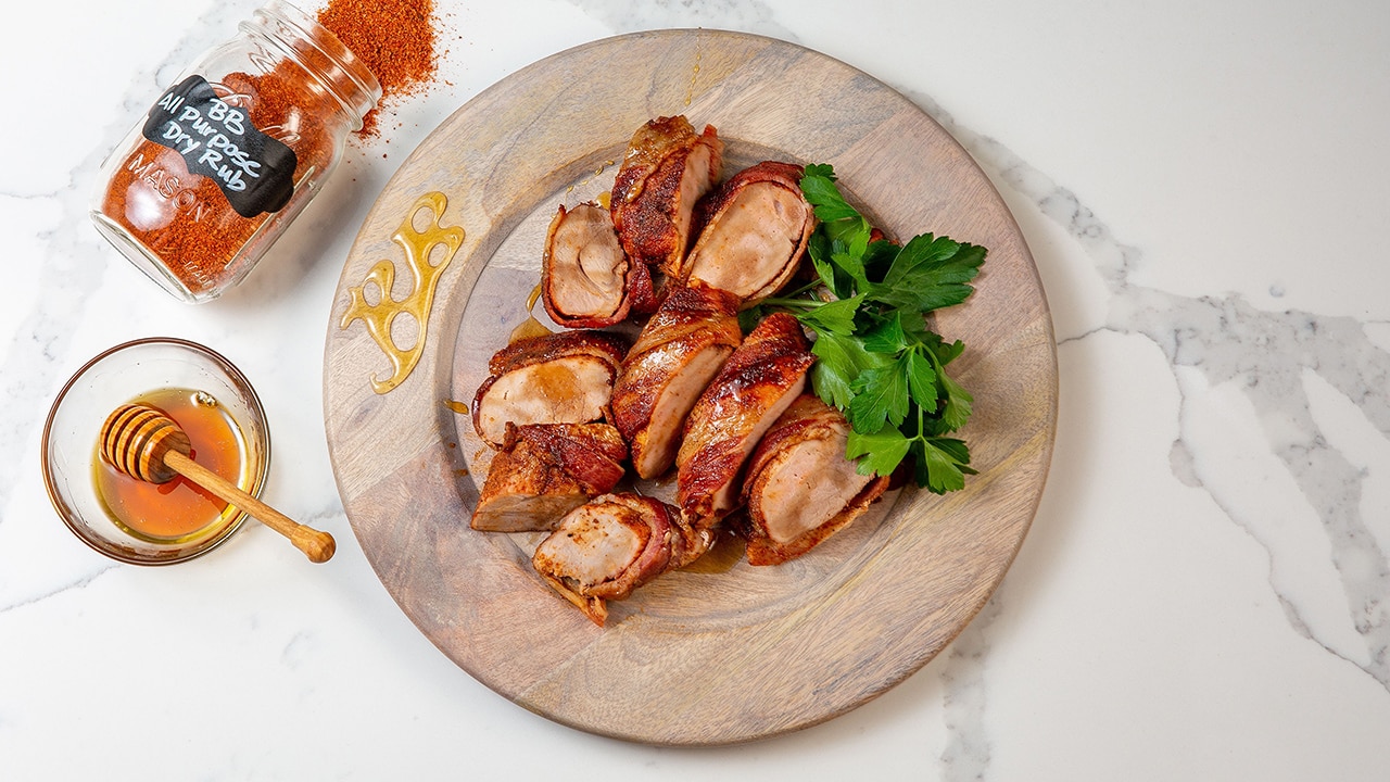 bacon wrapped pork tenderloin with honey