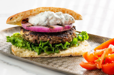 bison burger with tzatzkiki and peppers