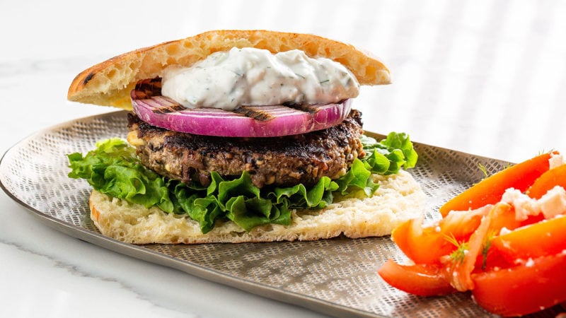 bison burger with tzatzkiki and peppers