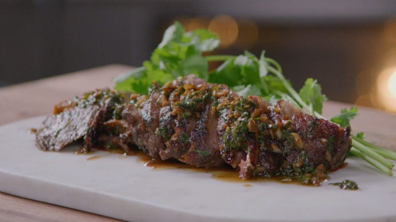 chimichurri coulotte steak picanha in cast iron