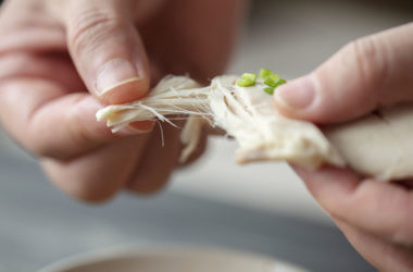 a person shredding chicken