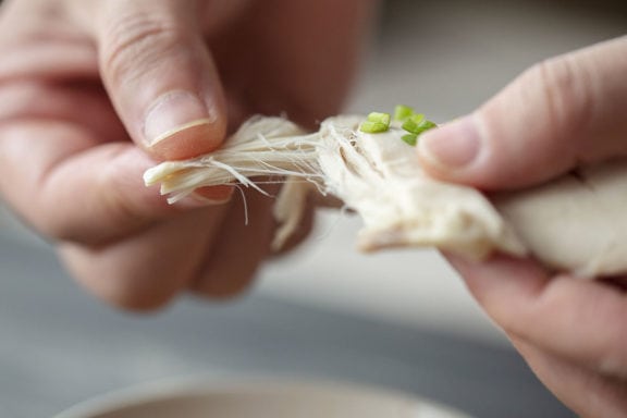 a person shredding chicken