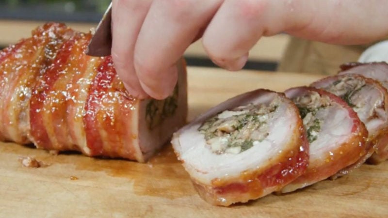 bacon-wrapped and stuffed pork sirloin roast