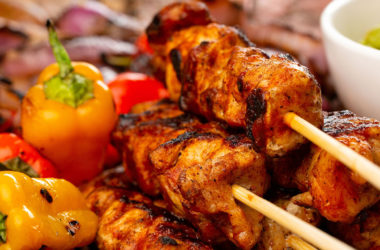 pork skewers with assorted peppers