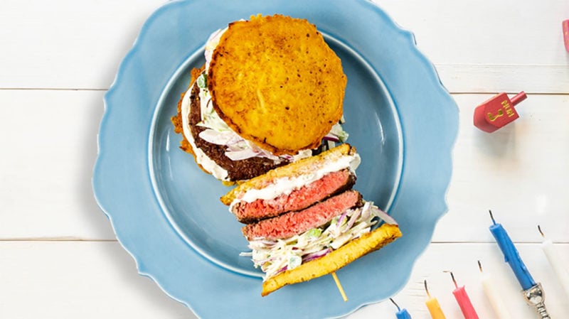 latke burger on blue plate