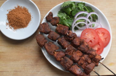 chicken suya skewers for serving