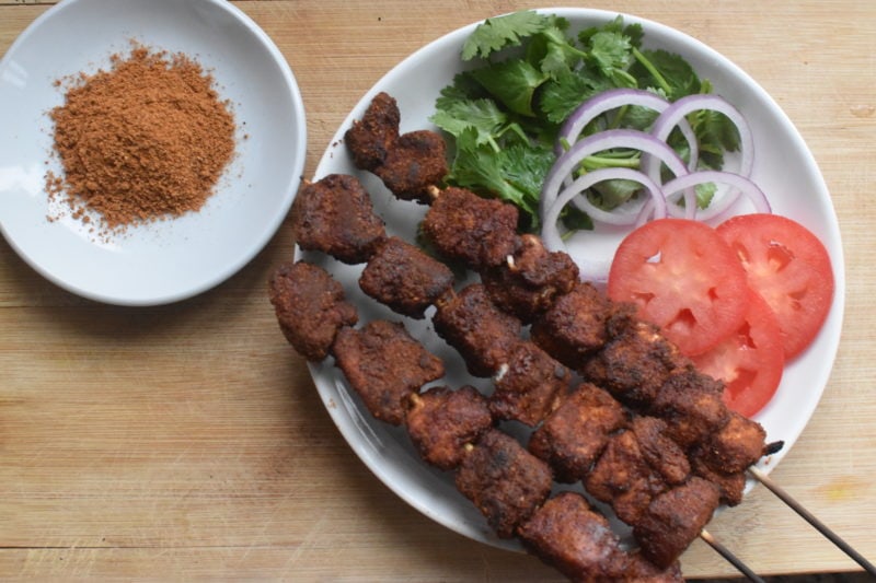 chicken suya skewers for serving