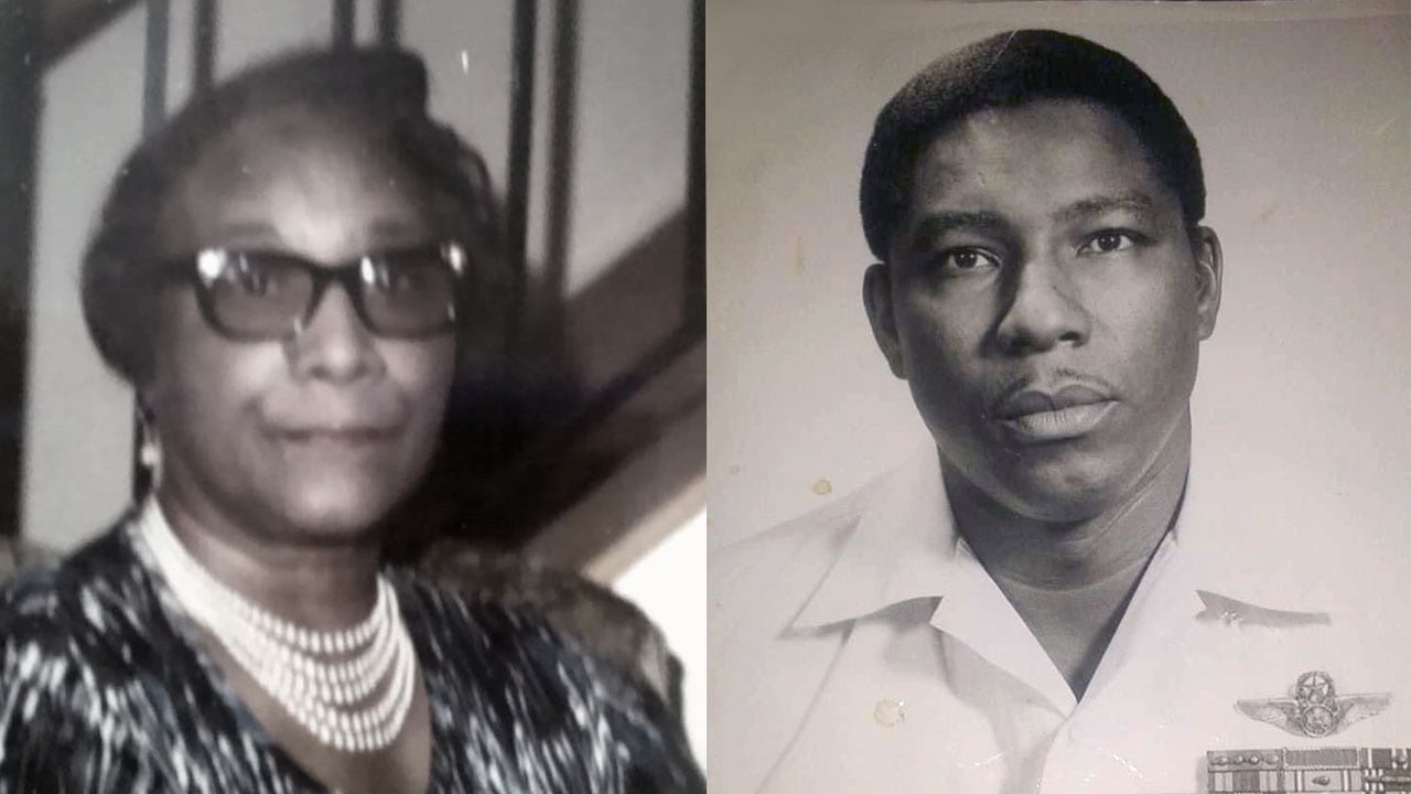 Two portraits side by side. On the right is a woman dressed up and wearing pearls and glasses. On the right is a young man wearing a U.S. Air Force uniform.