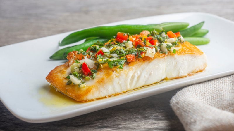 Plate with halibut and green beans