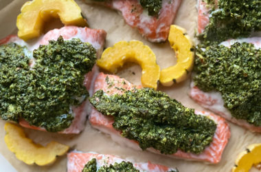 pesto sheet pan salmon and delicata squash