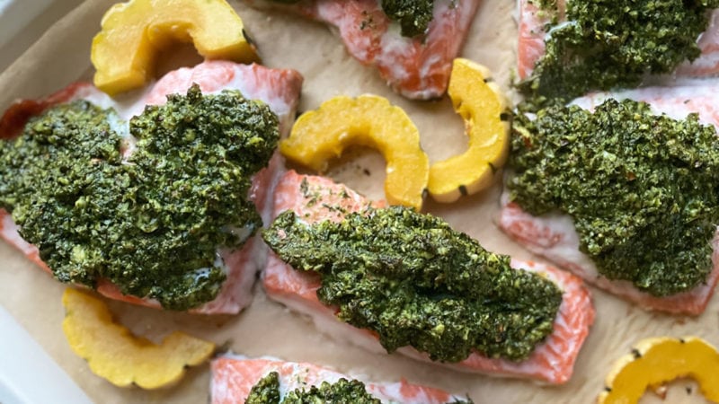 pesto sheet pan salmon and delicata squash