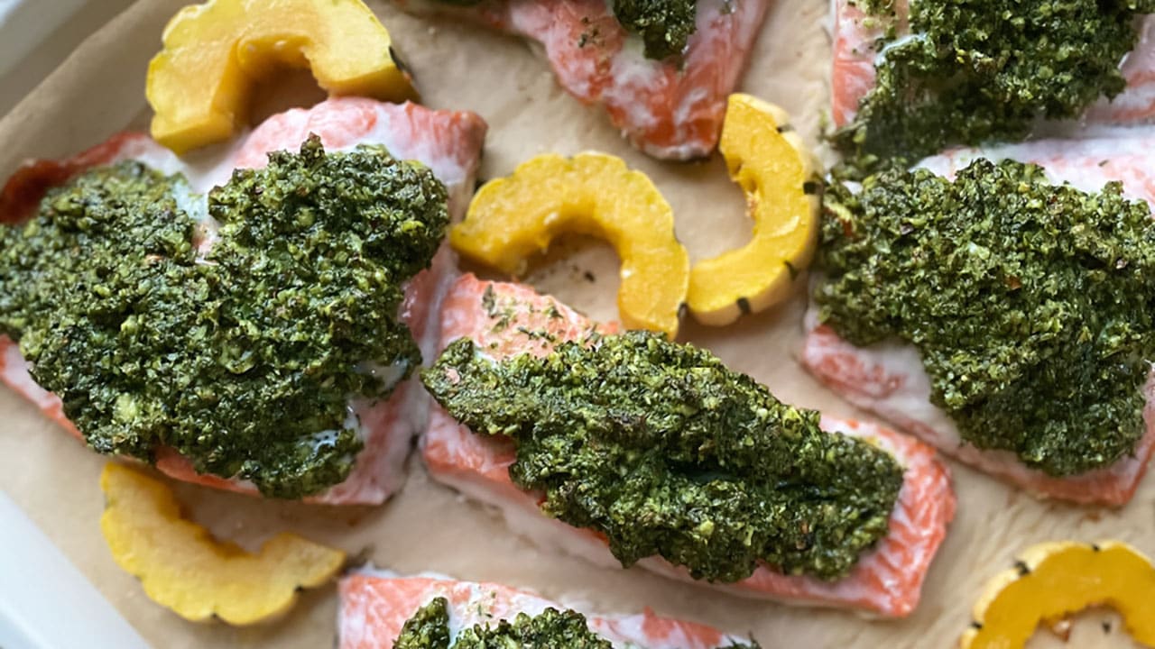 pesto sheet pan salmon and delicata squash