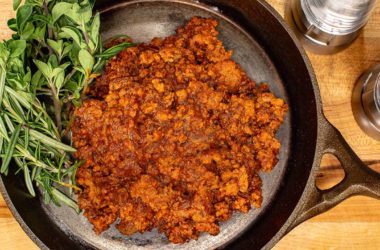 ground beef in pan with herbs