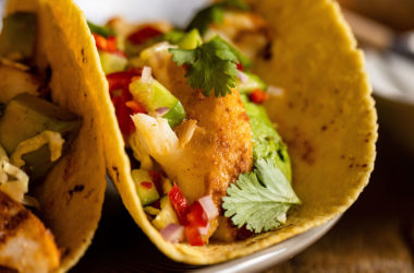 cod tacos with spicy crema and slaw