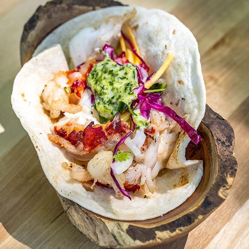 lobster taco and mango slaw on tortilla