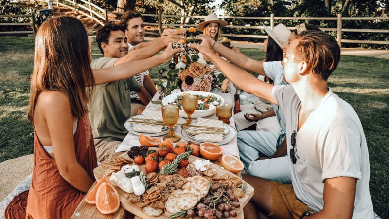 people raising their glasses around a picnic table with food on it