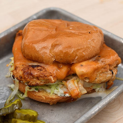 buffalo chicken sandwich on grill