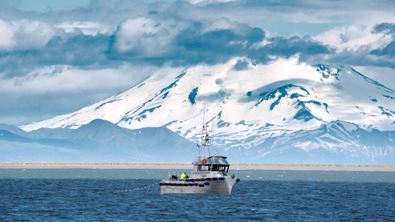 fishing boat out on the water with a snow-covered mountain in the background