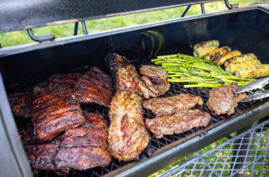 Meat and veggies on a grill