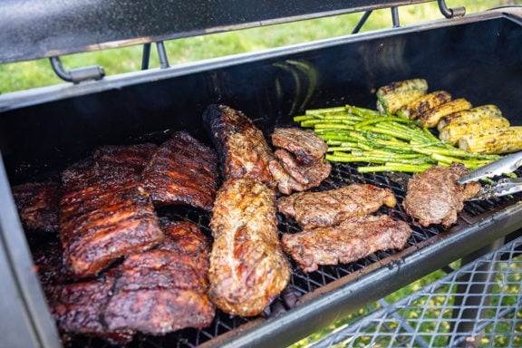 Meat and veggies on a grill