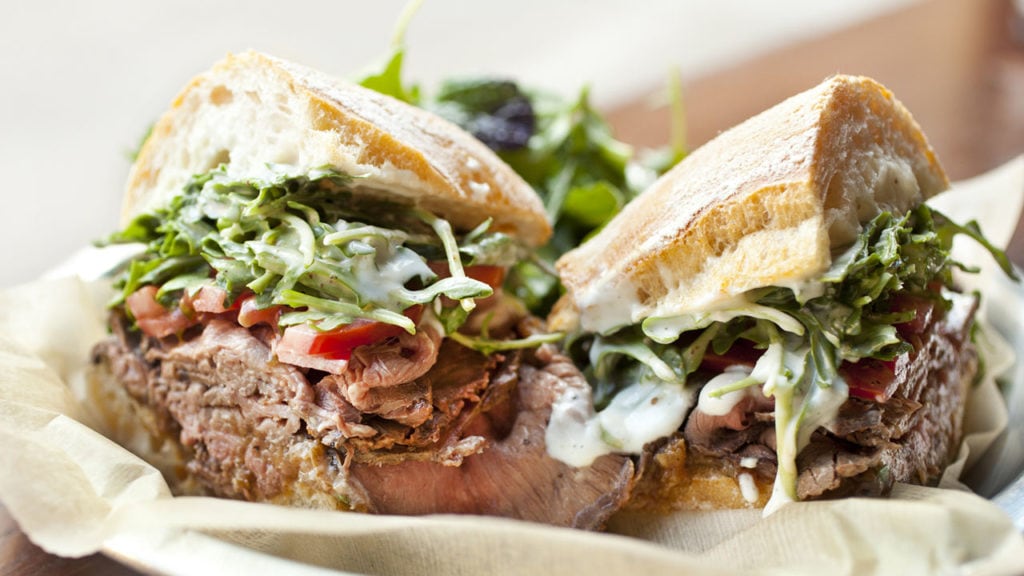 sliced roast beef sandwich