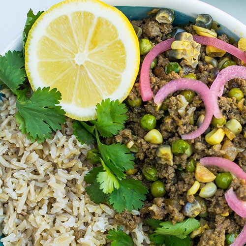 Close up of picadillo criollo bowl