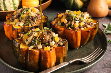hot honey dripping on bison stuffed squash