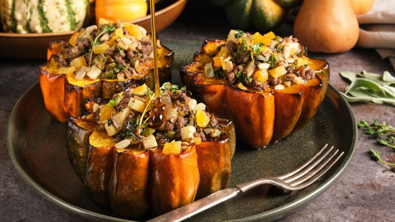 hot honey dripping on bison stuffed squash