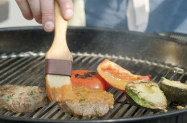 mango barbecue sauce on burger with peppers and avocado